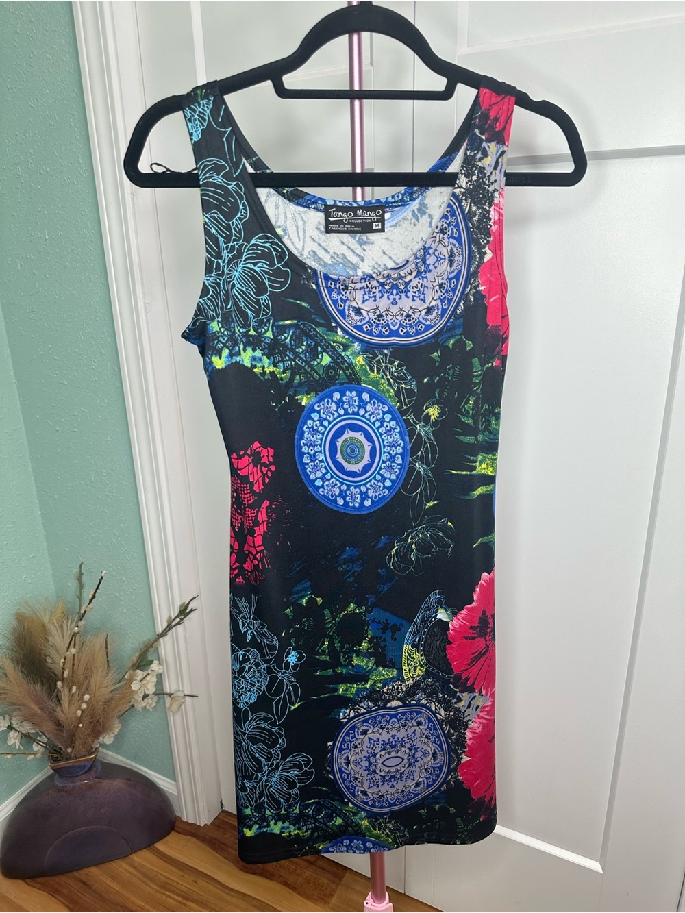 Tango Mango Black Floral & Medallion Tank Dress Made in India Medium resort